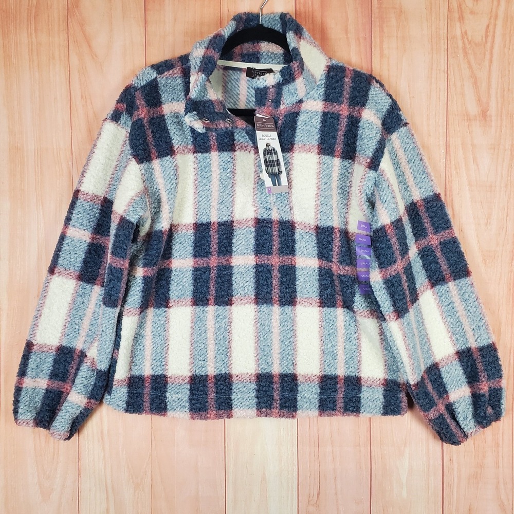 Berkley Jensen‎ Womens Fleece Jacket Small Oversized Plaid Long Sleeve Pullover